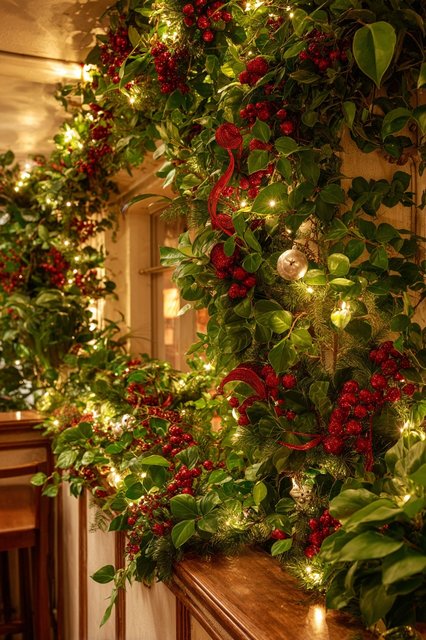A string of green felt garland draped along the top edge of a beige cubicle divider.