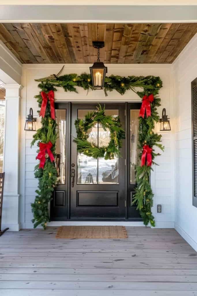 Front porch door frame draped with evergreen garland, pine cones, red ribbon, warm lighting