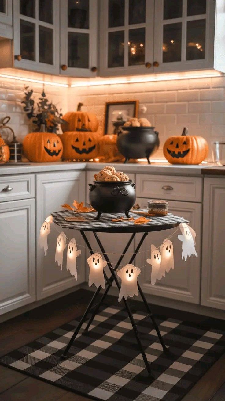 Bistro table with ghost string lights and a cauldron in a kitchen