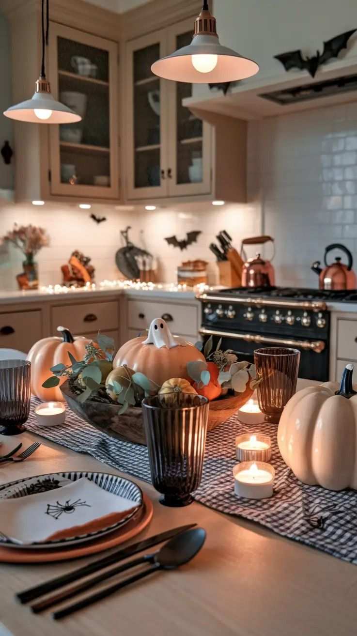 Kitchen island tablescape with ghost topped pumpkins