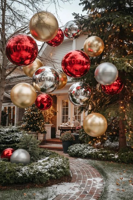 Green lawn decorated with giant illuminated fiberglass holiday baubles, metallic gold finish, soft lighting.