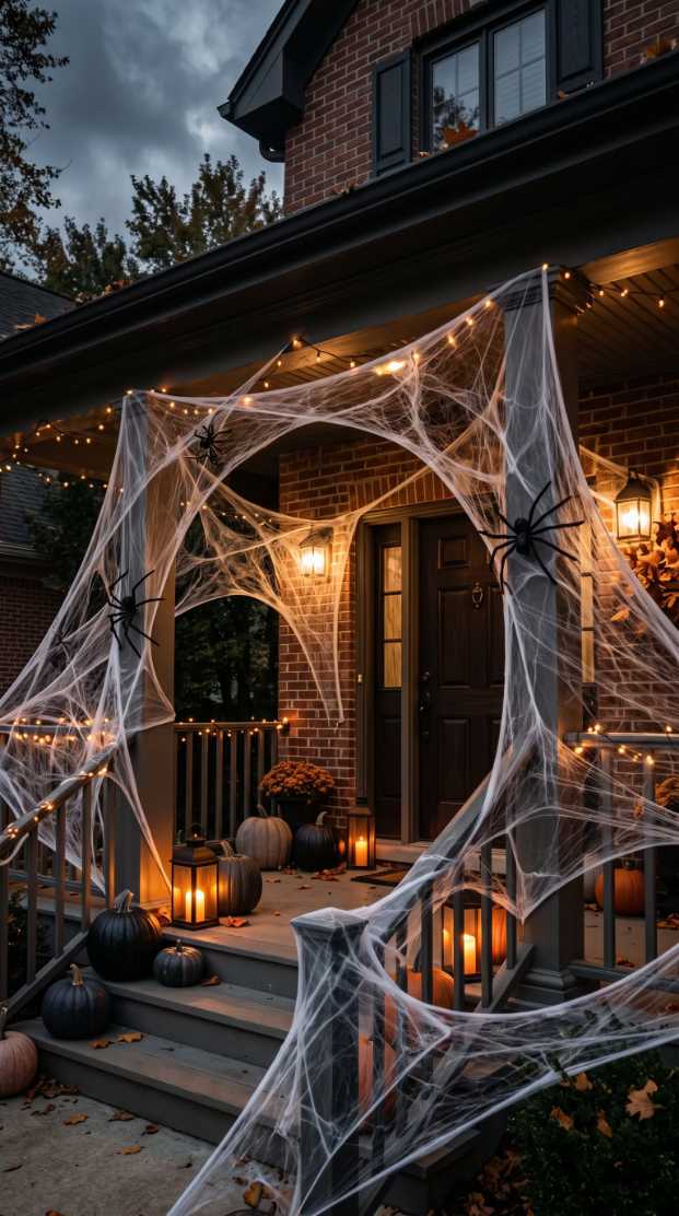 Brick front porch with a giant spiderweb canopy and hanging spiders.