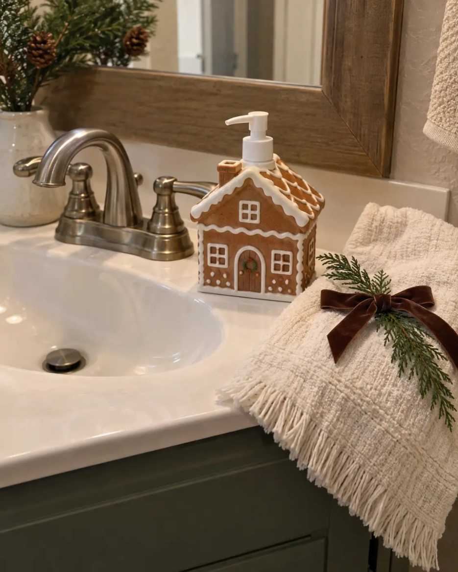 Ceramic gingerbread man figurines, white shelf, cozy lighting, whimsical holiday decor
