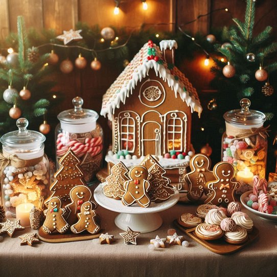 Dining credenza with miniature gingerbread houses, frosted spruce garland, and warm mini globe lights