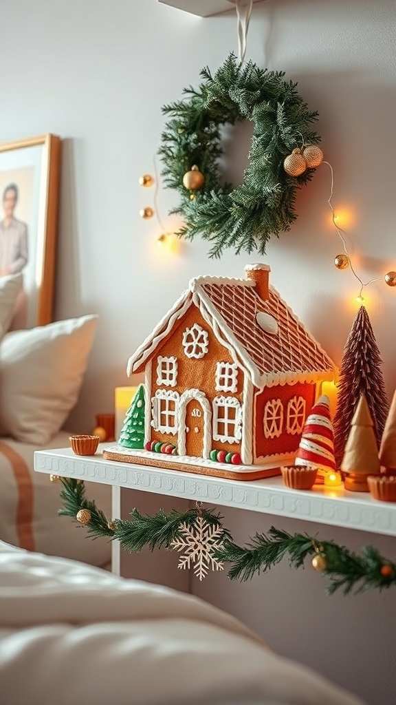 Bedroom with a large gingerbread house display, candy accents, warm lighting, and playful decor.