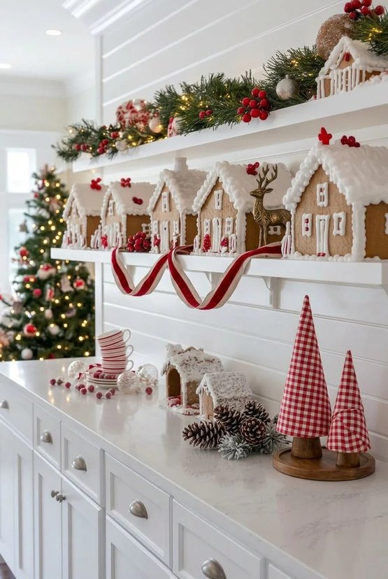 Gingerbread village with lights placed on top of the upper kitchen cabinets.