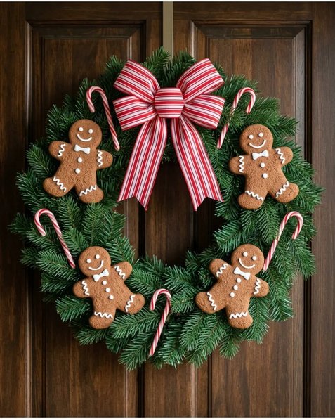 Gingerbread wreath with icing details on white door