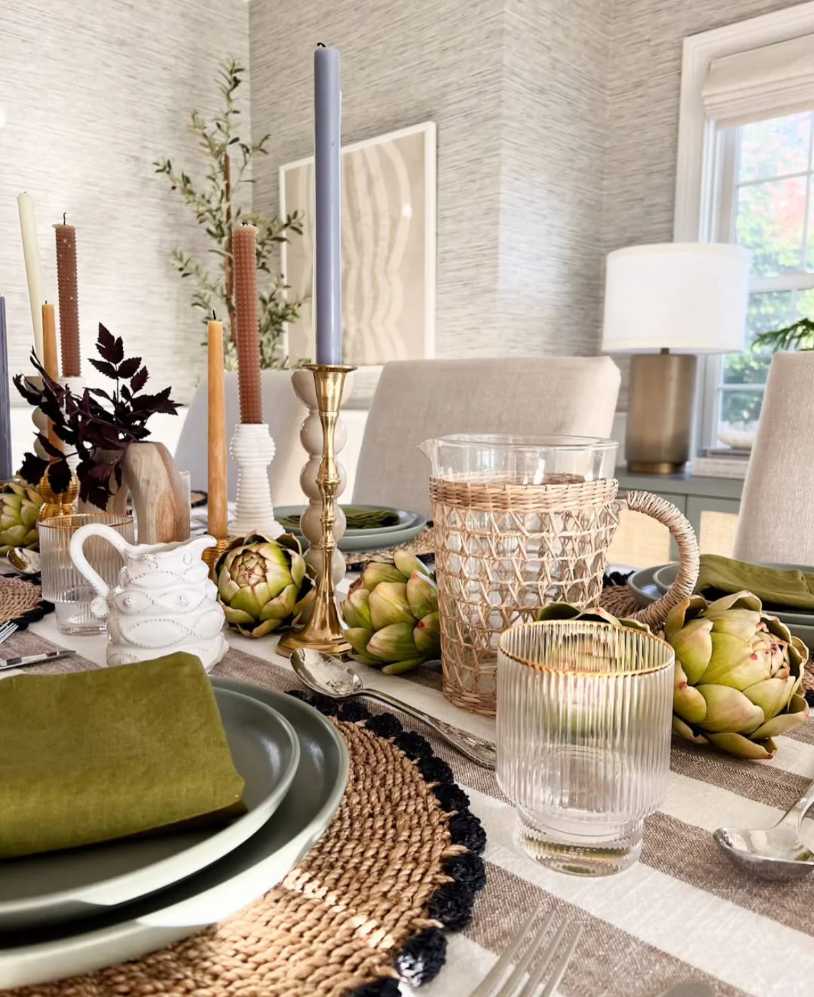 Country dining, gingham check runner, artichoke centerpiece, beeswax taper candles, natural linen napkins