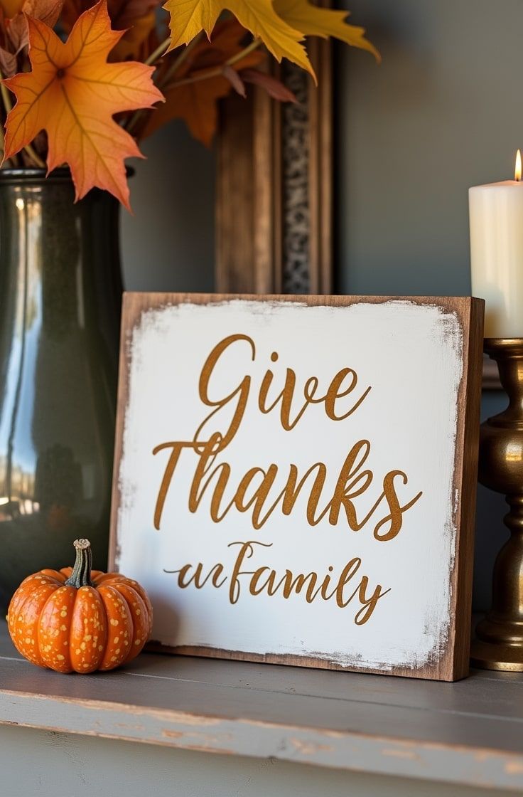 Kitchen island wall with a farmhouse sign, orange pumpkin, open shelving, warm pendant lights.