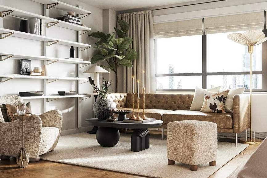 Bronze finish furniture, steel frame chairs, dark wood floor, and warm living room light.