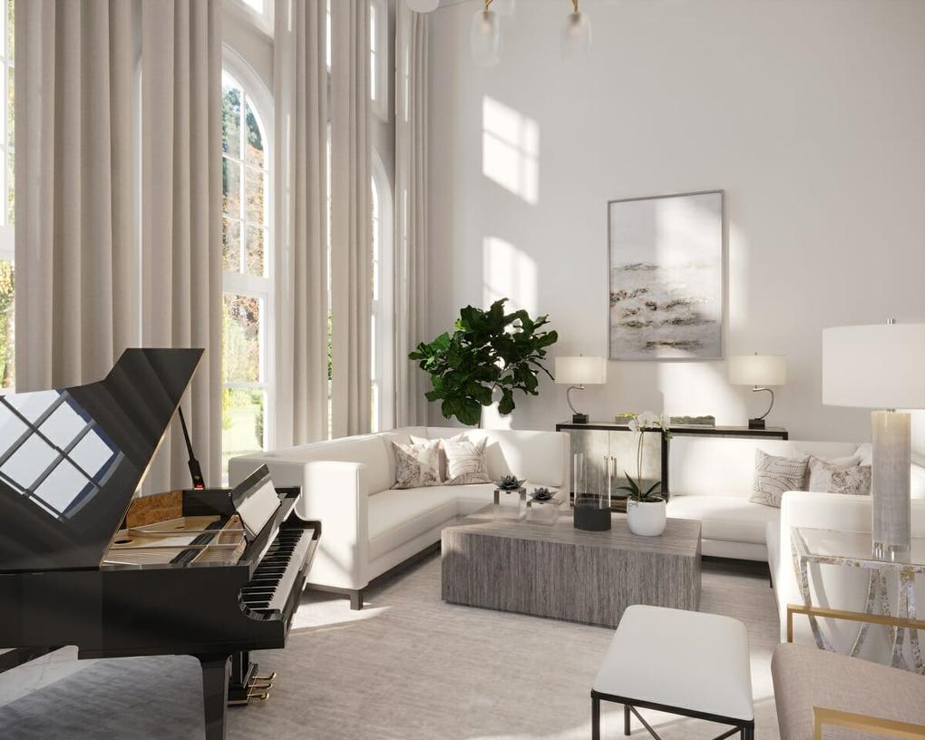 Blush pink sofa, white marble floor, gold mirror, and soft natural light in living room.