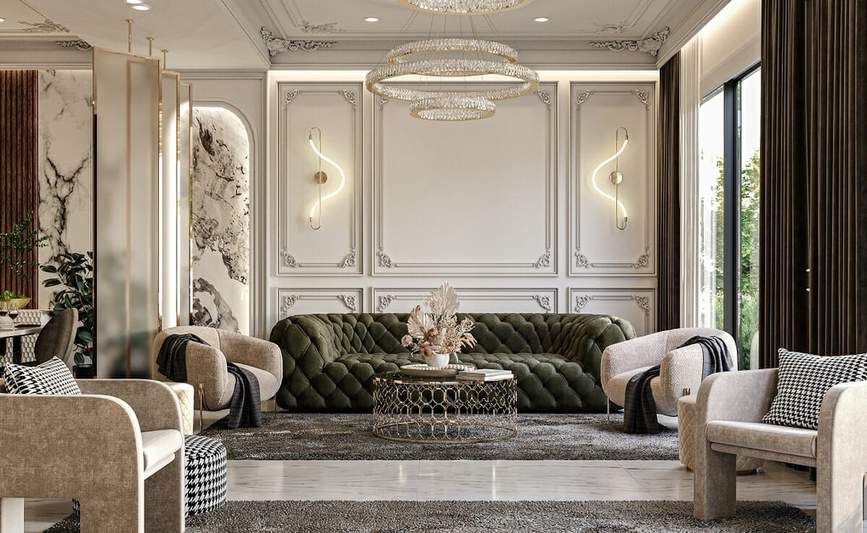 Silver leaf accents, glass shelving, white sofa, and bright modern living room.