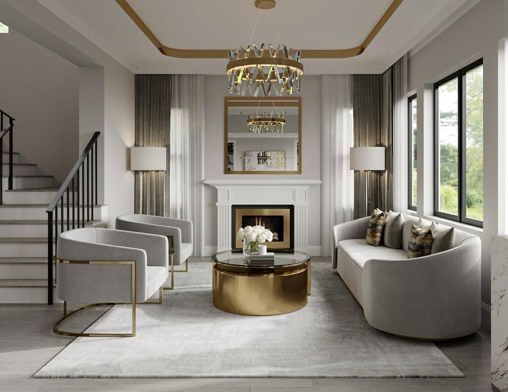 Amber glow lighting, neutral sofa, white walls, and warm living room light.