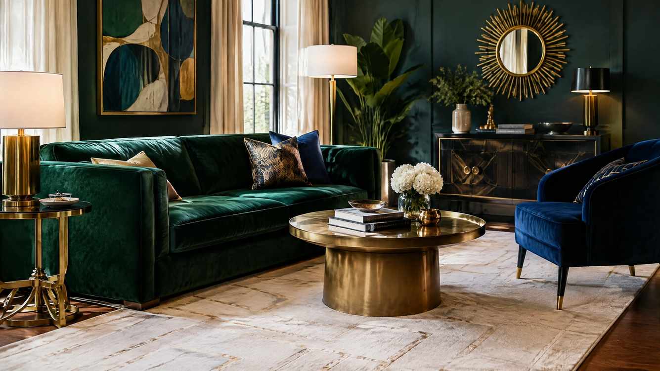 Burgundy velvet sofa, antique gold frames, dark wood console, and warm candlelight in living room.