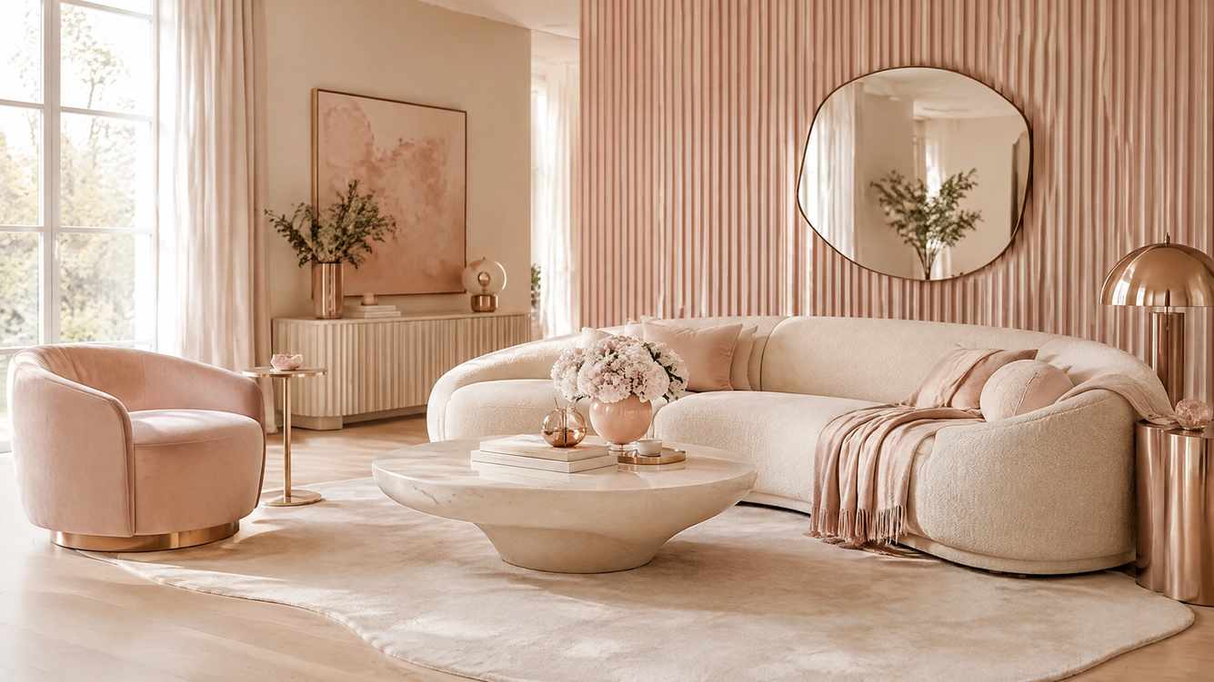Sage leaf pattern rug, neutral sofa, white walls, and bright living room light.