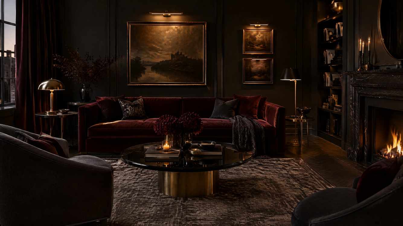Royal blue velvet chair, silk scrim curtains, gold sconces, and warm living room lighting.