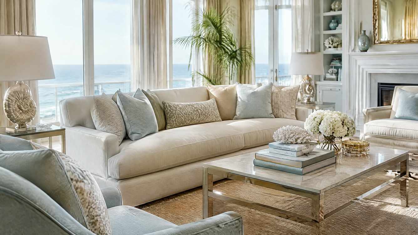 Amber glass bottle decor, neutral sofa, white walls, and bright living room light.