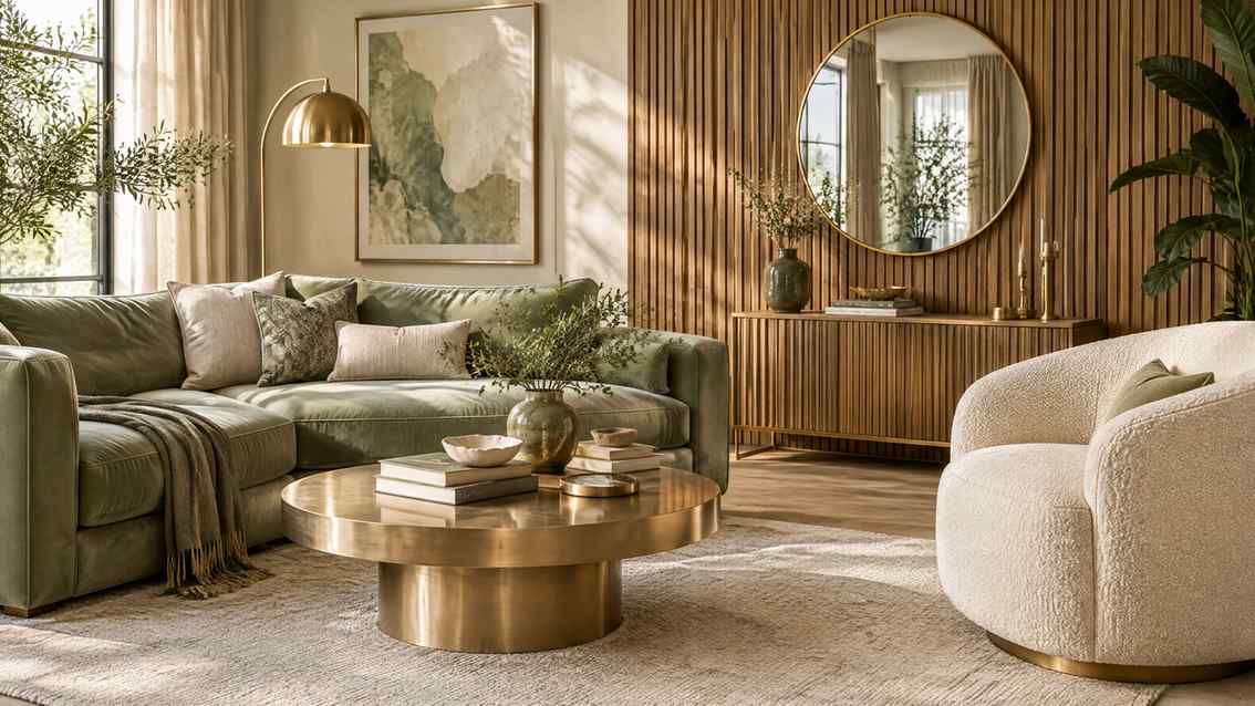 Ivory linen sofa, brass trim details, white walls, and soft daylight in glam living room.