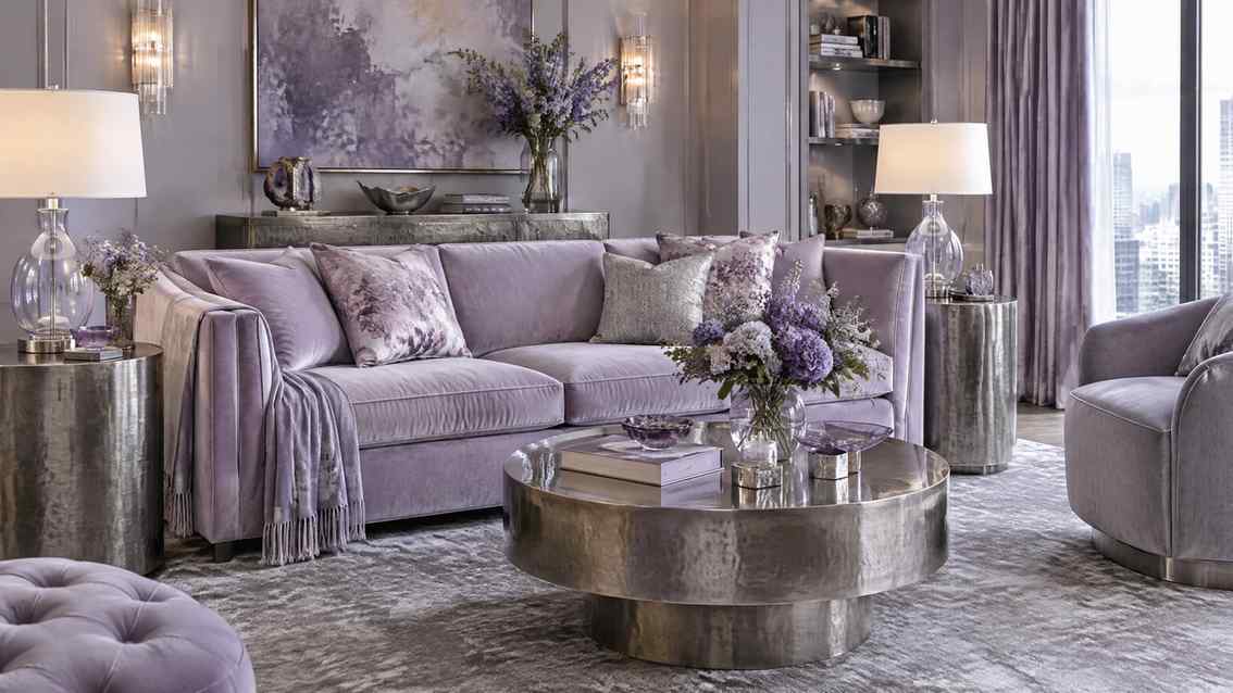 Navy blue walls, satin curtains, white sofa, and warm ambient living room lighting.