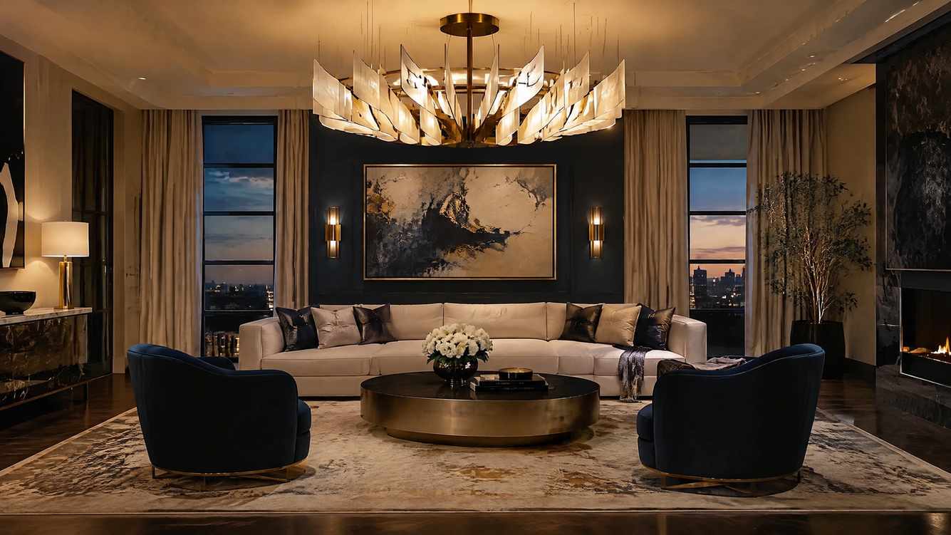 Copper rod lighting, neutral sofa, wood floor, and warm living room light.