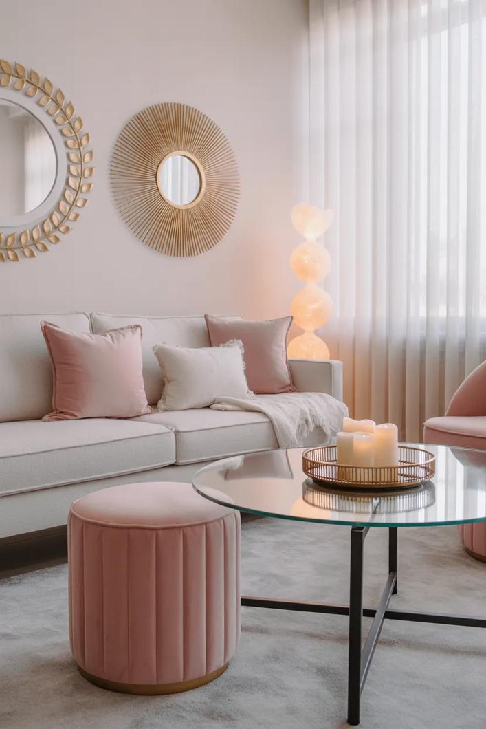Mustard yellow sofa, wood paneled wall, brass light, and warm living room lighting.