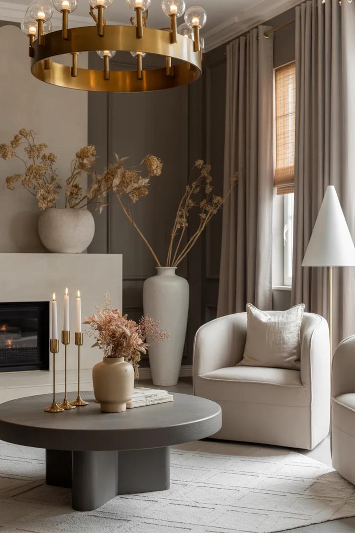 Gold leaf wall art, neutral sofa, white walls, and bright living room light.