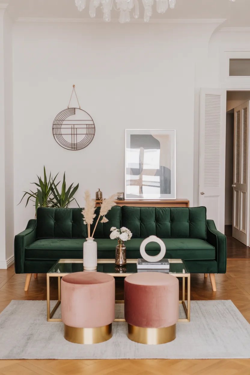 Copper accent pieces, wood shelving, neutral sofa, and warm living room lighting.