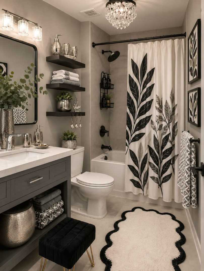 Luxury bathroom featuring black and white tiles, a crystal chandelier, matte black fixtures, and glossy white vanity.