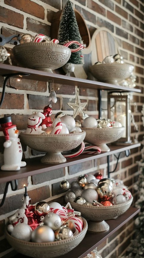 Exposed brick shelf holding mercury glass bowls filled with clear glass Christmas ornaments.