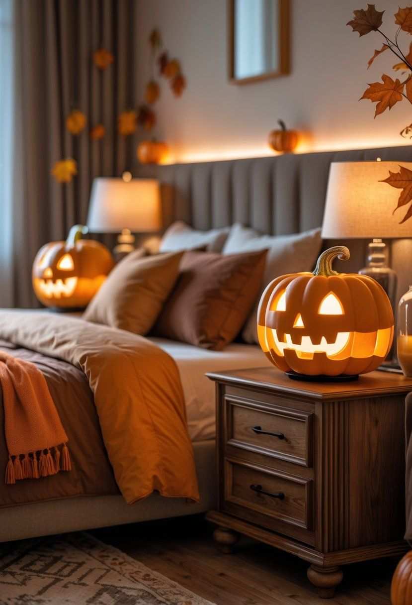 Modern bedroom with glowing carved pumpkin lamp, nightstand, and clean lines.