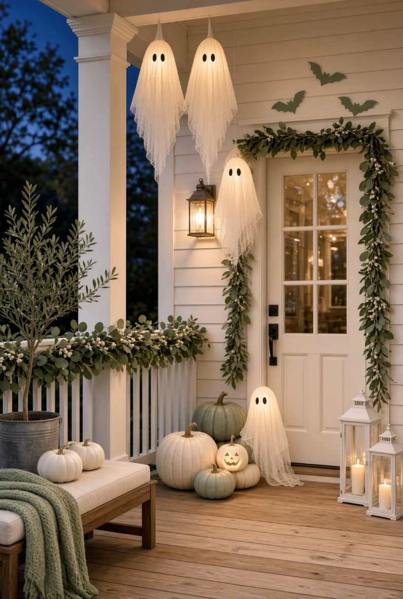 Porch with glowing cheesecloth ghosts and a greenery garland on the door.