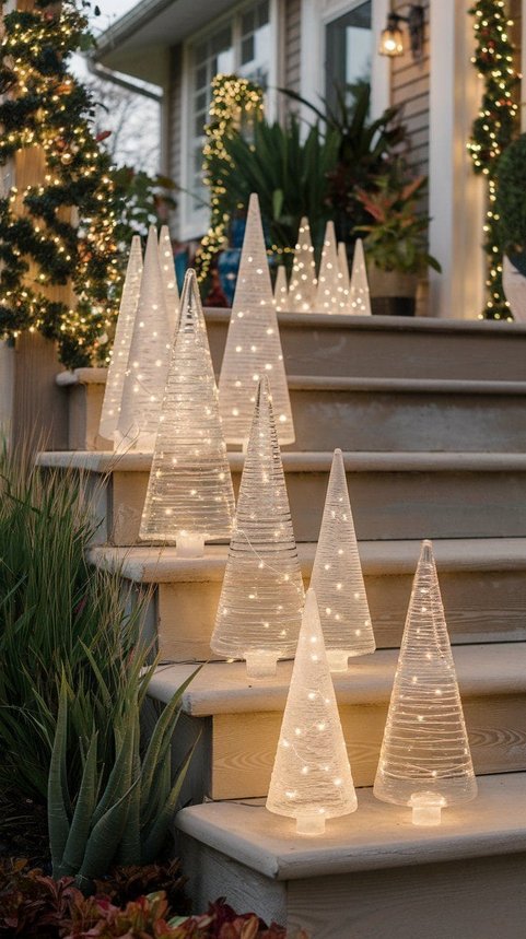 Modern concrete walkway bordered by graduated spiral LED cone trees, white glow, minimalist landscaping.