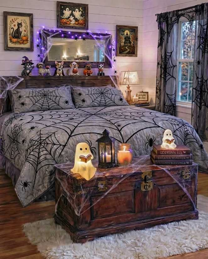 Bedroom with glowing ghost figurines, spider web bedding, and wooden trunk.