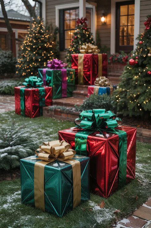 Front porch bench corner featuring illuminated sisal gift boxes with red velvet ribbons and pine boughs.