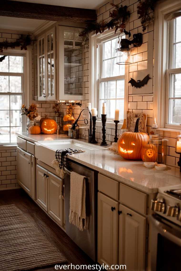 Kitchen sink countertop with glowing jack o lanterns
