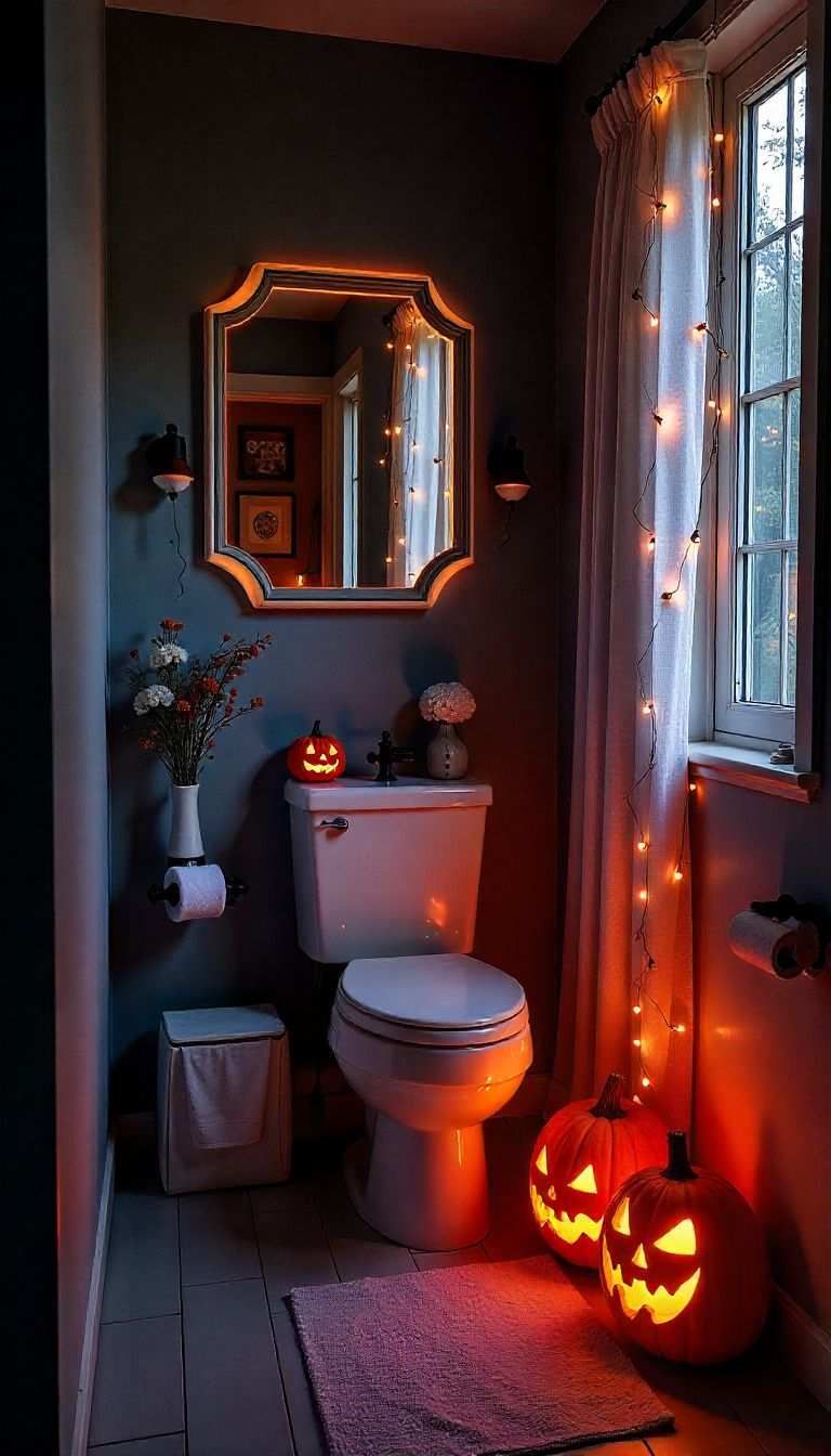 Bathroom mirror with glowing frame, fairy light curtain, mini jack‑o‑lanterns, brushed nickel fixtures, cool daylight.