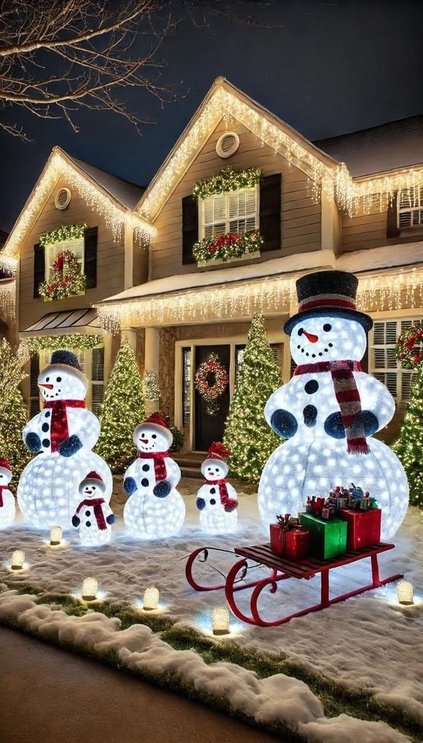 Front lawn featuring spun-acrylic snowman family figures glowing with soft white lights, winter lawn.