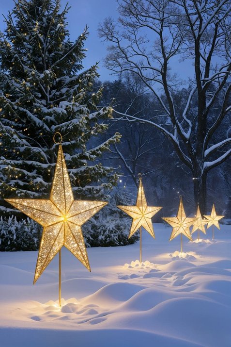 Curving flagstone walkway lined with warm white glowing star pathway markers, snowy garden border.