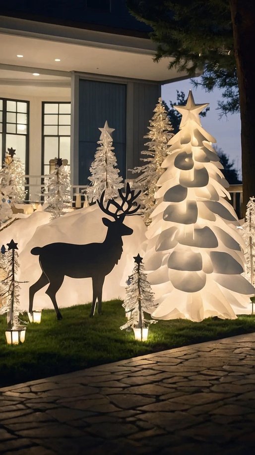Yard landscape transformed with lit birch trees, wire deer, and warm micro lights in pine bark.