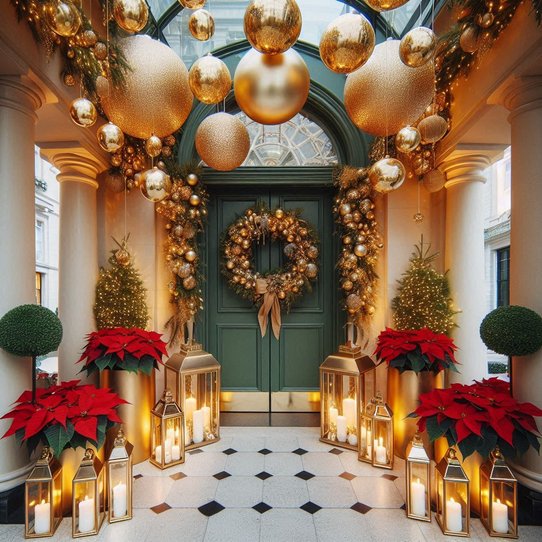 Foyer console table featuring brass planters, deep red poinsettias, mirrors, and warm ceiling light