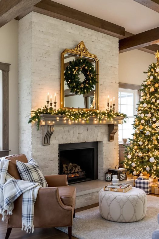 Living room with a large gold frame mirror above a fireplace, topped with a lush evergreen wreath.