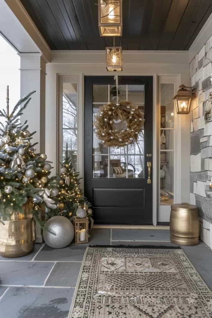 Front porch with cascading gold and silver ornaments, glass baubles, soft lighting
