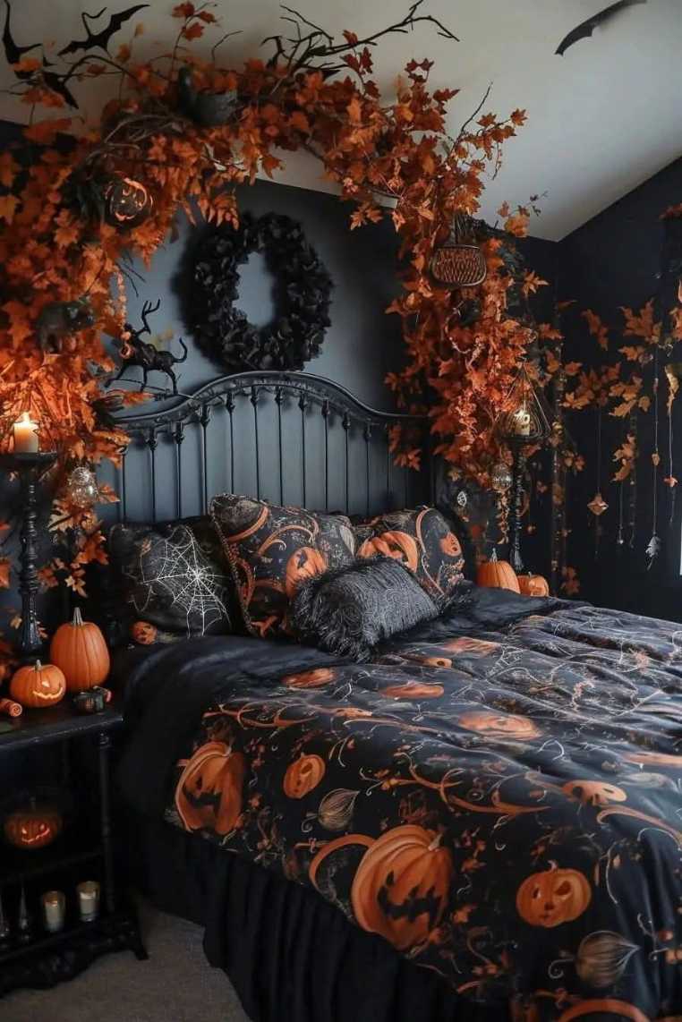Gothic black bedroom with fall foliage canopy arch and dark decor.