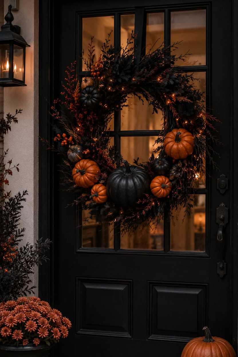 Front door with a gothic black wreath and orange pumpkins on the steps.