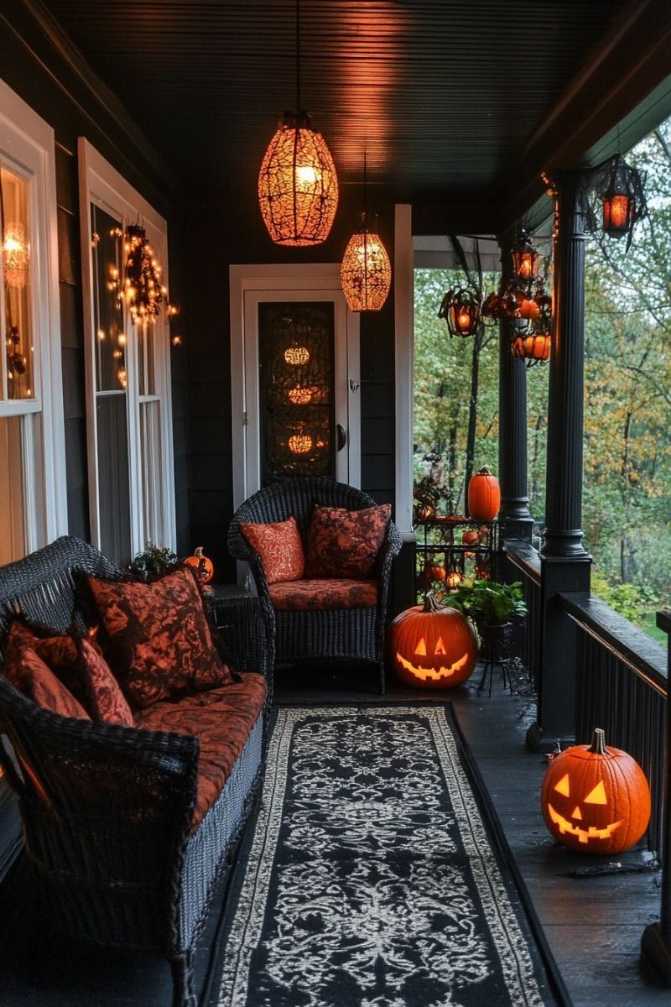 Dark gothic porch with wicker furniture and hanging lanterns.
