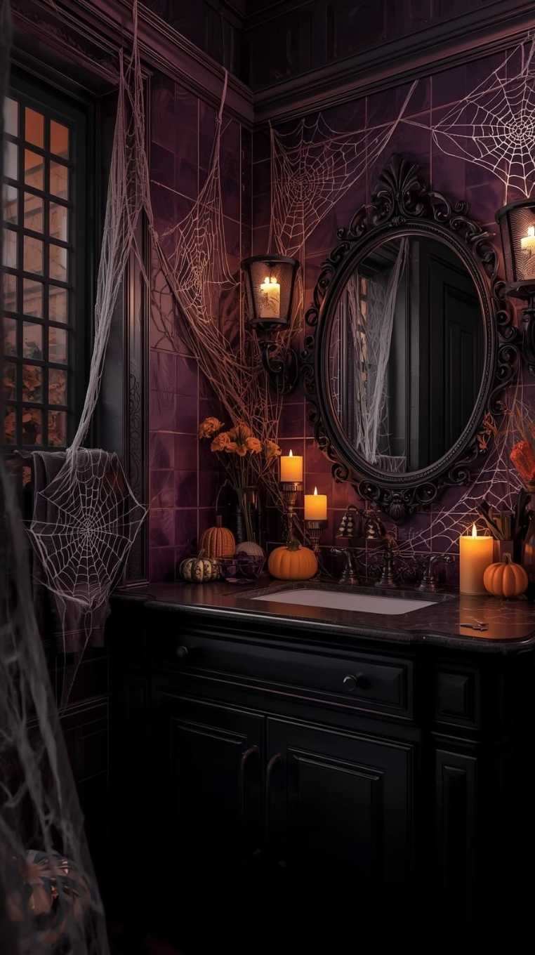 Bathroom with deep purple tiles, ornate gilded mirror, heavy cobweb drapes, soft warm lighting.
