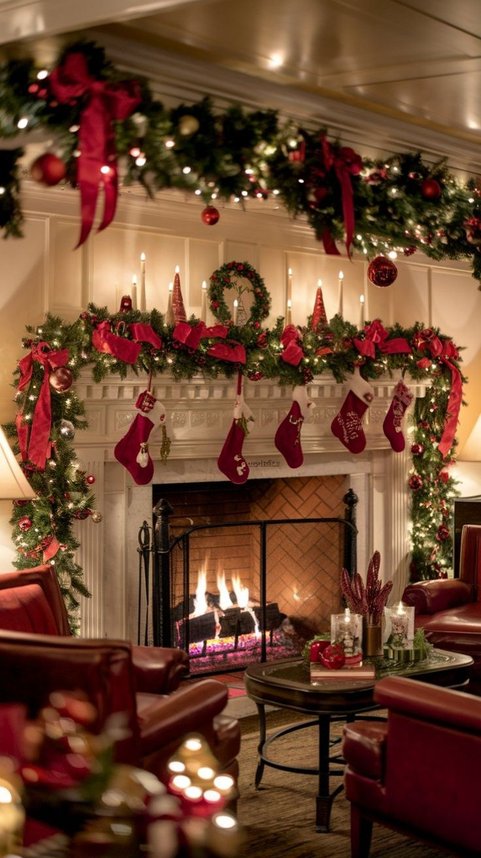Large fireplace with a full-length garland and multiple stockings hanging from the mantel.