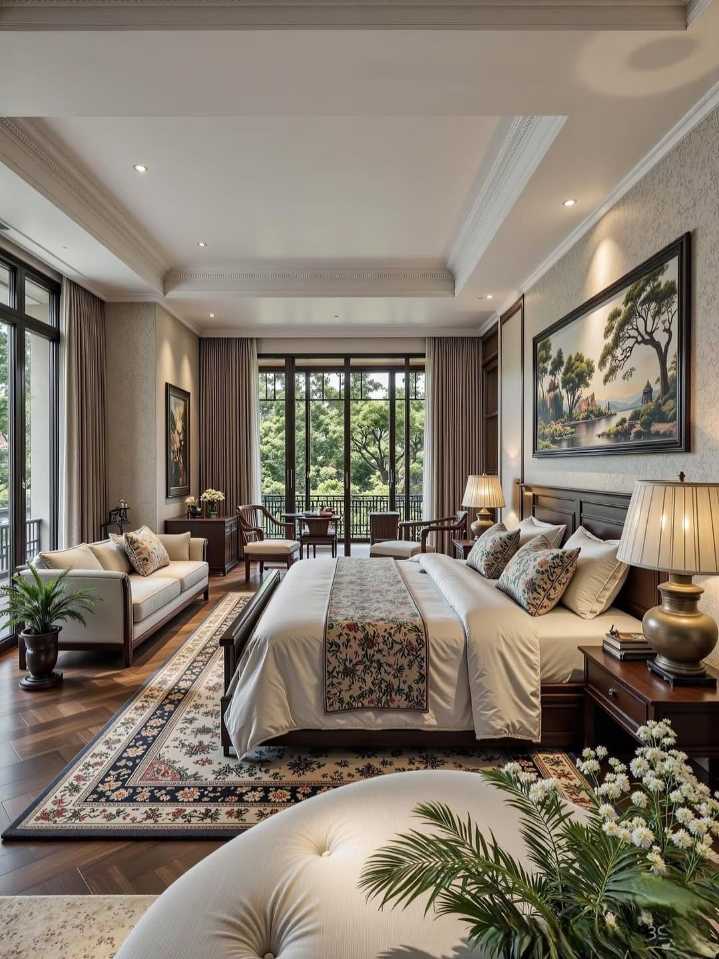 Grand luxury master suite with a private balcony and outdoor seating area