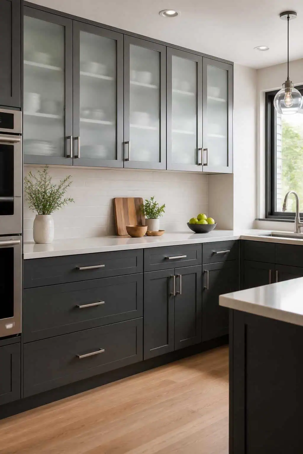 Kitchen interior, graphite lower cabinets, frosted glass upper doors, stainless steel appliances, LED lighting