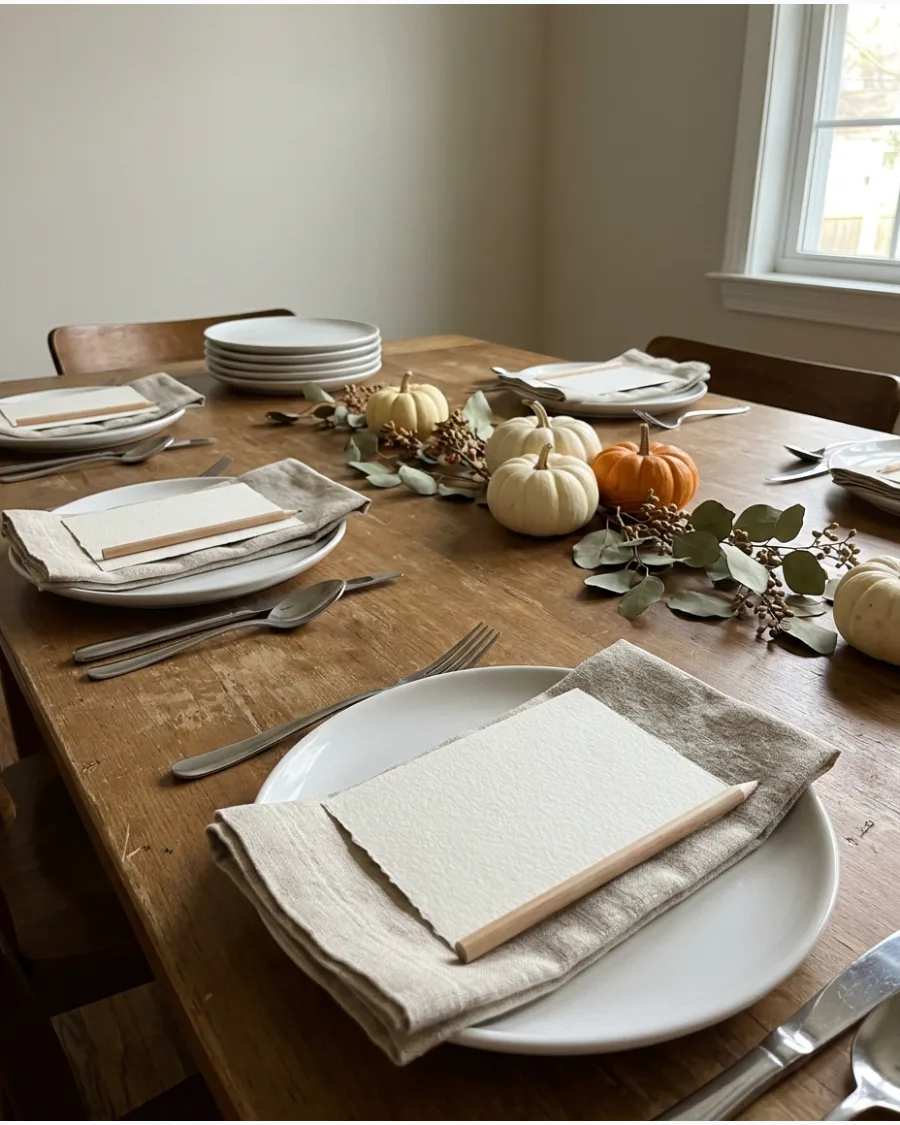 Gratitude prompt cards and pencils placed at each place setting